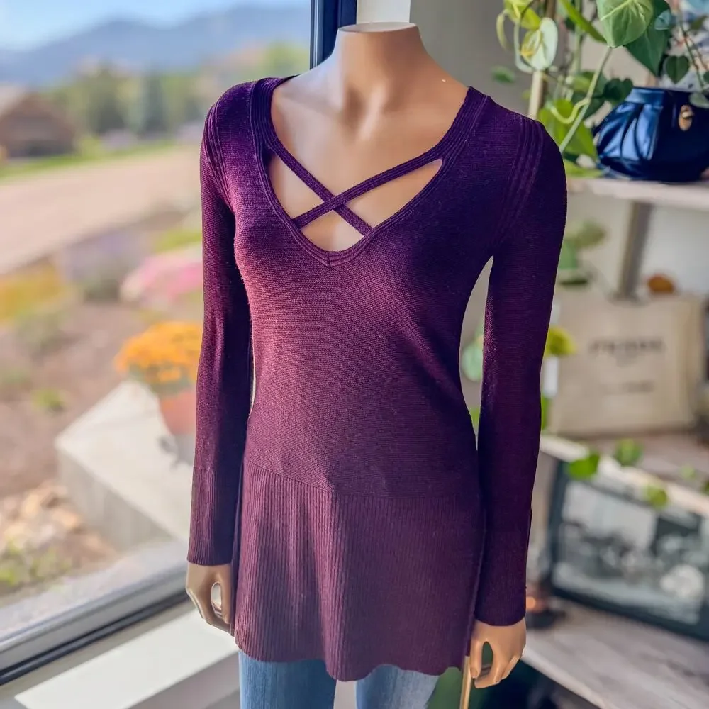 Free People Maroon Criss Cross Lightweight Tunic Sweater, Women's Size X-Small